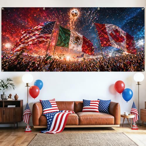 Image of Soccer Fans Garage Door Cover 157x70 Inch Large USA Mexico Canada Flag Fireworks Banner Backdrop for 2026 Sports Party Tailgate Game Day Outdoor Wall Hanging Tapestry Decor