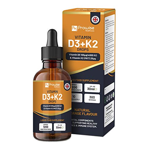 Vitamin D3 4000iu + K2 MK7 25µg I Orange Liquid Drops I High Strength 4000iu D3 + 25µg K2-30ml Bottle I Fast Absorption I 1200 Vegetarian Drops - Made in UK by Prowise Healthcare