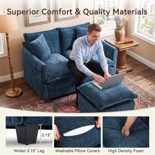 Image of 50 inch Loveseat Sofa with Ottoman, Cloud 2-Layer Cushion & 27 inch Deep Seat, Modern Love Seat Small Couch with 2 Washable Pillows for Small Spaces, Bedroom, Apartment, Office, Living Room, in a Box, Blue