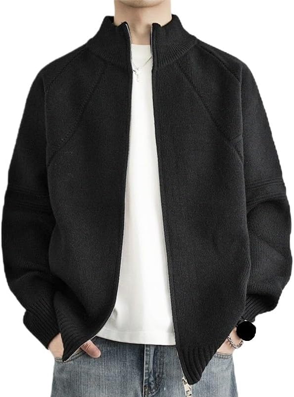 Mens Stand Collar Zip Up Knit Sweater Long Sleeve Loose Fit Business Casual Classic Cardigan Outerwear
