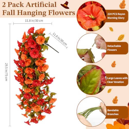 Image of Lewondr Artificial Fall Hanging Flowers UV Resistant Silk Petunias, Orange | Morning Glory, No Watering Needed, Fade Proof, for Porch Patio Balcony Yard Baskets, Autumn Decorations, Indoor Outdoor Use