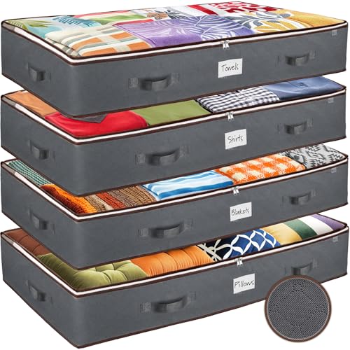 Under Bed Storage Bins – Pack Of 4 Under The Bed Storage Containers For Clothes, Blankets, Winter Clothing, & Shoes – Underbed Storage Containers With Handles, Dual Zippers, & Clear Top