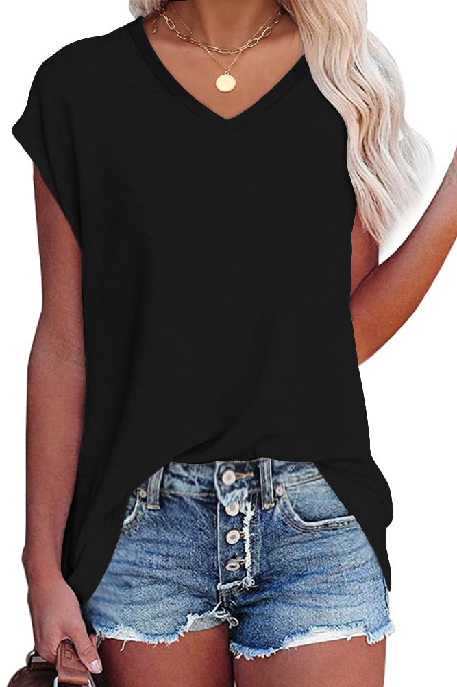 isermeo Cap Sleeve T Shirts for Women Summer V Neck Cute Tops Trendy Beach Vacation Clothes Fashion S-XXL