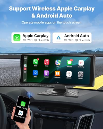 Image of VEVOR Wireless Car Stereo, 10-Inch HD Portable Radio Touch Screen with Apple CarPlay and Android Auto, CarPlay Screen with Front & Backup Cameras, Voice Control, Mirror Link, Bluetooth, GPS Navigation