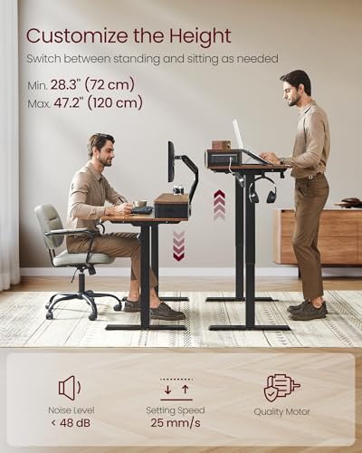 Image of VASAGLE Electric Standing Desk with Drawers, Sit Stand Desk with Built-in Power Strip, Adjustable Height, 55.1 x 23.6 Inches, 2 Hooks, Memory Function, for Home Office, Rustic Brown ULSD184KD01