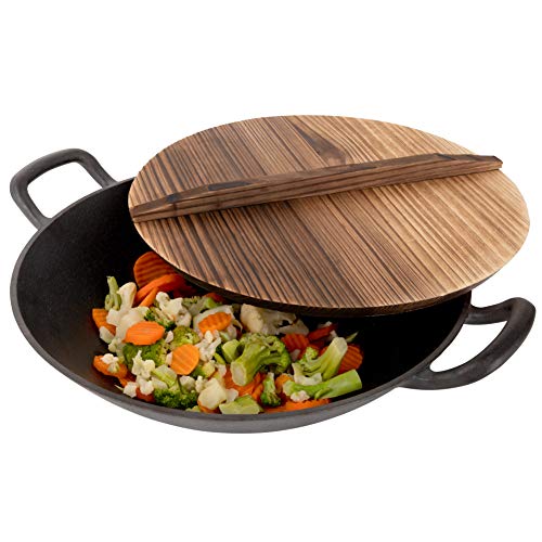 Homeries Pre-Seasoned Cast Iron Wok With 2 Handled And Wooden Lid (14 Inches) Nonstick Iron Deep Frying Pan With Flat Base For Stir-Fry, Grilling, Frying, Steaming - For Authentic Asian, Chinese Food #TOP7