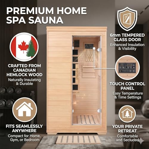 Far Infrared Sauna for 1 Person - 1050W Fast Heating, Canadian Hemlock Wood Home Sauna with Bluetooth Speaker, Chromotherapy & Oxygen Ionizer Easy Assembly Indoor Sauna for Relaxation, Detox, Home Gym