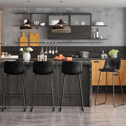 Image of REONEY Bar Stools Set of 3, 30 inch Faux Leather Counter Height Stools, Black