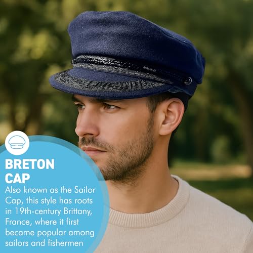 Traditional Wool Breton Cap | Size 61cm, X large, Captain Fisherman Mariner Yachtsman Sailors, Fiddlers Cap, Baker Boy flat cap, skipper, classic peaked French and Greek boatman's hat, Navy Blue, 7.5