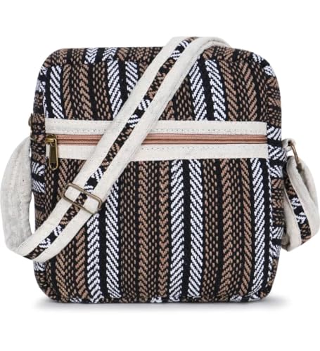 Crossbody Striped Bag, Small Canvas Purse with Adjustable Strap, Brown Black White Pattern, Multi-Compartment