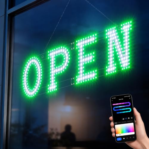 Image of 32 x 10 Inch LED Open Sign for Business - Timer via BT APP & Remote Control, Ultra Bright Open Sign with 14 Flash Modes, 6 Dimming Levels & 6 Speed Control for Salon Cafe Restaurant (Green & white)