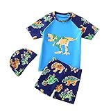 Kinder Junge Badeanzug Bademode Zweiteiliger Kurzarm UV-Schutz Bade-Set T-Shirt Badeshorts mit Badekappe (Blau1, 122-128CM)