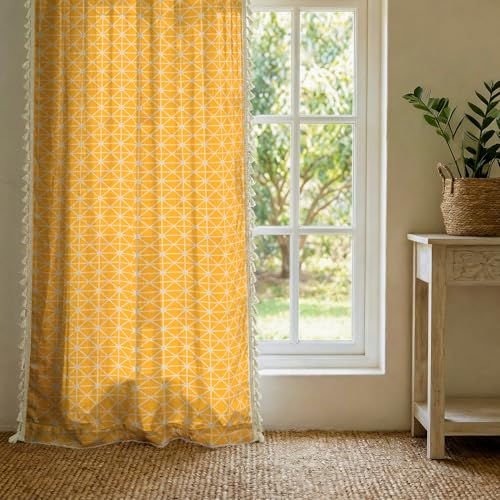 Image of Urban Space Boho Decorative Curtain for Window, 100% Cotton Curtain 5 Feet Long, 1 Piece Curtain with Tassels, 60-65% Room Darkening Curtain with Tieback and Eyelets (Yellow Star, 5 Feet)