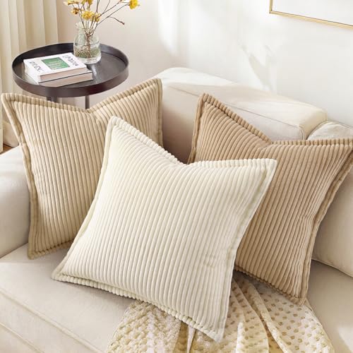 decorUhome Corduroy Cream White Throw Pillow Covers 26x26 Set of 2 Decorative Soft Boho Striped Neutral Euro Farmhouse Couch Pillow Cases with Broadside for Living Room Bed Sofa