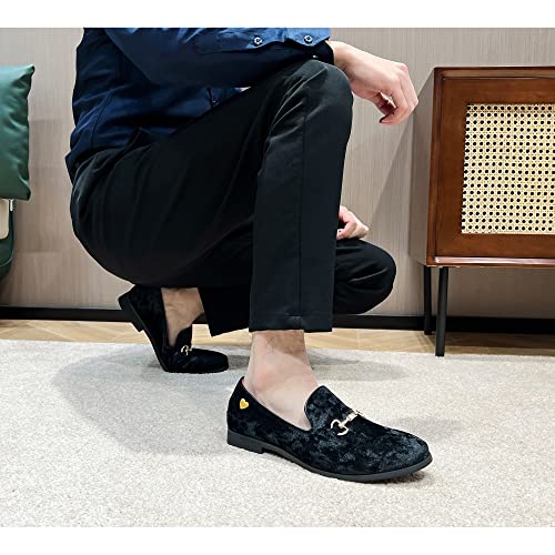 Image of FLQL Men's Luxury Velvet Penny Loafers Shoes Embroidery Suede Dress Loafers Daily Boats Shoes for Party Wedding Prom Size 7-13