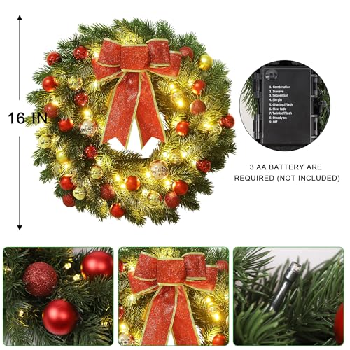 Lulu-Home-16-Inch-Pre-lit-Christmas-Wreath-with-Hook-Battery-Operated-Christmas-Wreath-Decorative-Christmas-Balls-Hanging-Ornament-Artificial-Door-Wreath-40-Clear-LED-Lights Lulu Home 16 Inch Pre lit Christmas Wreath with Hook Battery Operated Christmas Wreath Decorative Christmas Balls Hanging Ornament Artificial Door Wreath 40 Clear LED Lights
