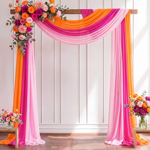 Image of Pink Orange Wedding Arch Draping Fabric 3 Panels 2.46 x 20ft Sheer Chiffon Backdrop in Pink, Rose Red, Orange for Wedding Ceremony, Birthday, Bridal Shower, and Outdoor Party Decoration