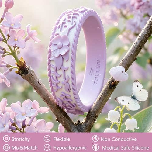 Image of Silicone Wedding Rings for Women 1 /4 /7 Packs -Stackable Silicone Rubber Wedding Bands - Innovative Flower & Vine Collection