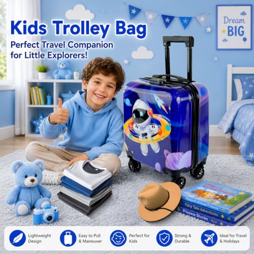 Image of Storite 18In Kids Luggage Trolley Hard Shell Cabin Suitcase | Cartoon Space Astronaut Design Suitcase Ideal For Trips Vacations Holidays And Weekend Travel (Navy Blue-35 x 23 x 38 Cm)
