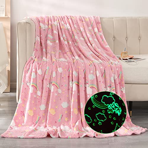 Qucover Manta para Niños Que Brilla en la Oscuridad 150x200 cm Manta de Franela Súper Suave Manta de Bebé de Unicornio Regalo para Niños Cover