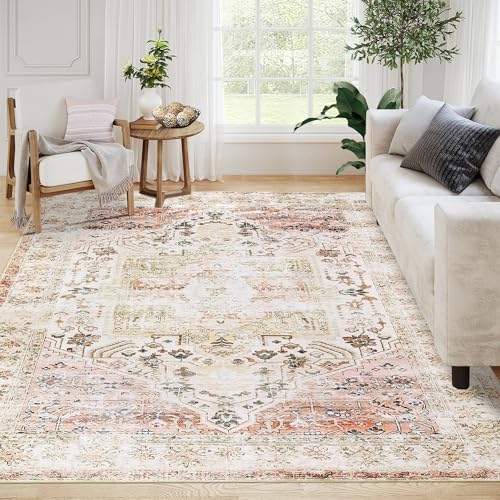 ROYHOME 9x12 Rugs for Living Room Vintage Distressed Non Slip Accent Stain Resistant Throw Rug Low Pile Indoor Floor Cover Lightweight Soft Rug for Bedroom Dining Room, Taupe Multi