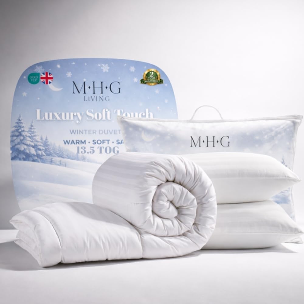 MHG Living 13.5 Tog King Duvet 230x220cm + 2 Microfibre Pillows – Extra Warm Winter Cosy Thick Bedding Bundle, Hotel Quality Hollowfibre, Hypoallergenic Anti-Allergy, Machine Washable & UK Made