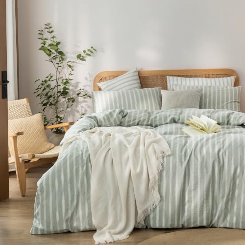 Image of BESTOUCH Striped Cotton Duvet Cover Set Linen Feel Twin | 100% Washed Cotton, Soft Wrinkle Texture, Hidden Zipper, 8 Ties, Breathable Lightweight Durable Comfy, 2 Pcs No Insert