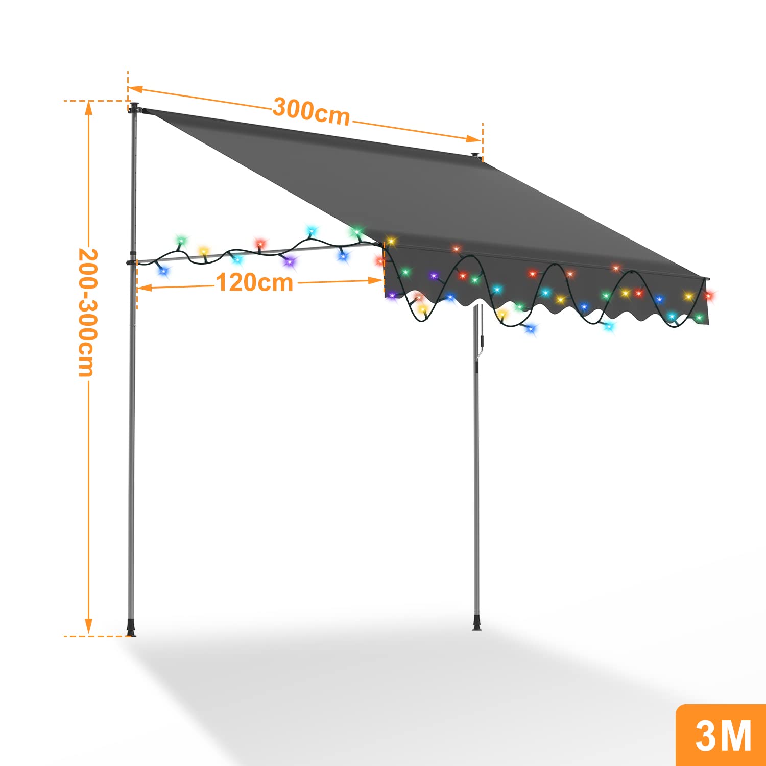 Gimisgu Markiza zaciskowa, 300 x 120 cm, z solarnym kolorowym łańcuchem świetlnym LED, 2 w 1, markiza balkonowa z korbą ręczną, z regulacją wysokości, ochrona przed promieniowaniem UV, bez wiercenia,