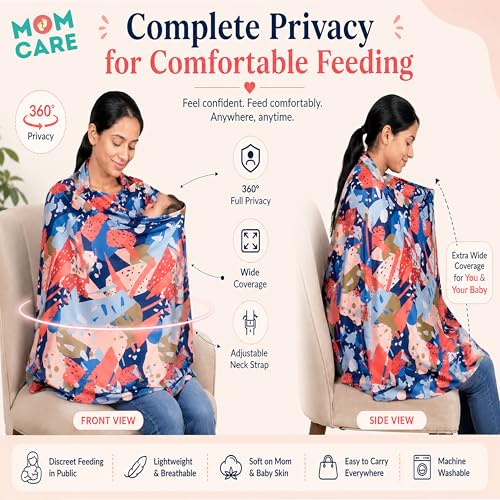 Image of MOM CARE Cotton Nursing Cover for Breastfeeding | Feeding Apron for Moms with Adjustable Neck Strap | Full Coverage Breastfeeding Cover | Multipurpose Baby Feeding Cover | Red
