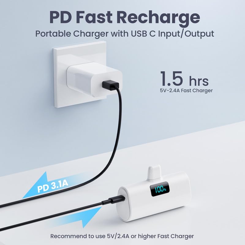 HETP Mini Power Bank 5200mAh, 20W PD Ricarica Rapida Powerbank, Ultra Compatto Caricatore Portatile con LCD Display Batteria Esterna per iPhone 14/14Pro/13/13 Pro/12/12Pro/11/X/XR/8/7/6 ecc-Bianco
