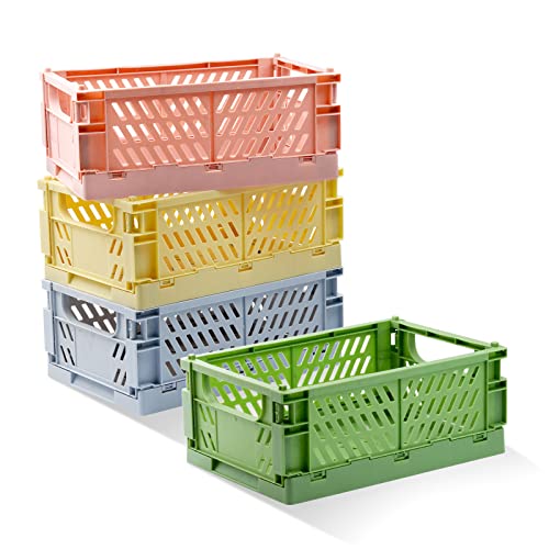 Xhwykzz 4 Pack Pastel Crates for Storage, Plastic Folding Basket, Colorful Small Storage Containers for Bedroom Office Classroom Bathroom Desktop Drawer Organizer Decor (9.8×6.5×3.8inch)