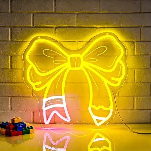 Image of Bow Pencil Neon Sign for Wall Decor Classroom Dimmable Led Neon Lights Light Up Signs for Classroom Gift Decoration USB Powered