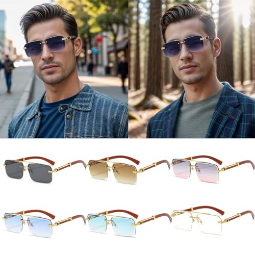 JOVAKIT Trendy Square Sunglasses for Men Women Semi Rimless Frame Shades 90s Vintage Retro Sun Glasses UV400 Protection (Gold/Clear Lens)4