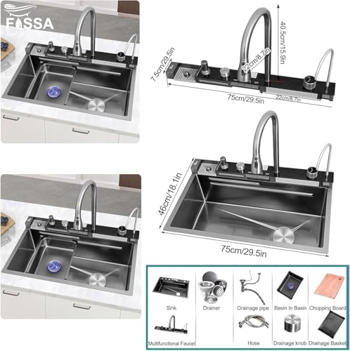 Image of Fosaa Smart Piano Waterfall Kitchen Sink 30 inchx18 inchx9 inch 5-Year Warranty Pure Premium 3.0 mm Collar-thick Stainless Steel with Pull-Down Faucet, LED Panel & Display | Black Honeycomb Finish (5 Button)