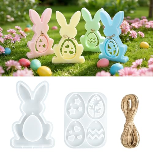 Kiiwah 2 Pièces Moule Silicone Paques Lapin & Œufs, Moule pour Resine Epoxy Platre Bougie, pour DIY Créatifs des Enfants, Décoration de Maison Printemps
