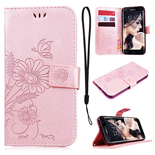 CE-LINK Coque S7 Edge, Etui Samsung S7 Edge, Housses et Protections Etui Anti Chocs pour S7 Edge, PU Mince Embossed Motif Fleur - Or Rose