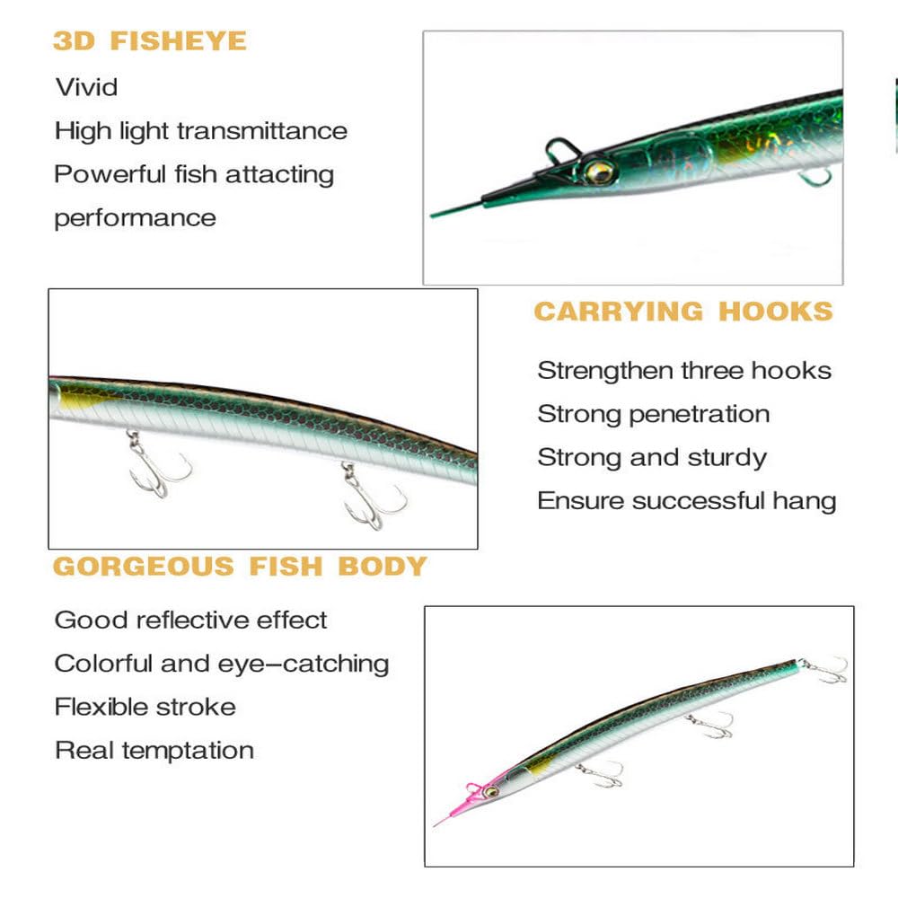 Atlantic Needlefish Jerkbait coulant avec hameçons triples pour la pêche en mer (18 cm, 64 g, 6 options de couleur)