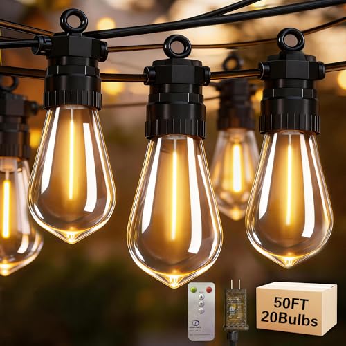 BYIZO 50FT Outdoor String Lights with Remote, 20 Dimmable Shatterproof