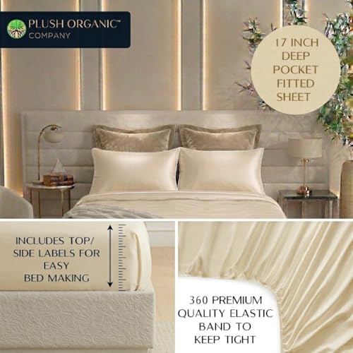 Image of Queen Luxury 4 Piece Bedsheet Set, Ivory with White Piping, Cooling Resort Bedding, Deep Pockets, Ultra Soft, Viscose derived from Bamboo, Organically Grown, 300 Thread Count