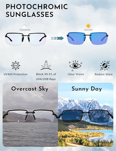Image of BIRCEN Mens Metal Photochromic Sunglasses: UV Protection Al-Mg Sun Glasses Ultra-light Rimless Shades for Driving Cycling