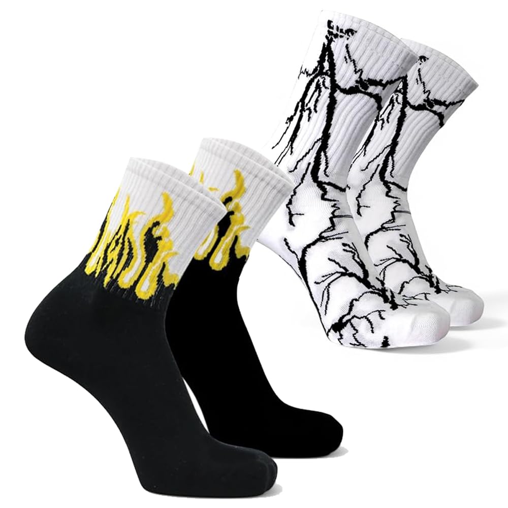 Flame & Lightning Crew Socks for Men & Women | Trendy Street Style Cotton Socks | Breathable Casual Fashion Socks | Soft Stretch Long Crew Socks for, Sports & Sneakers 2 Pair-picture-44