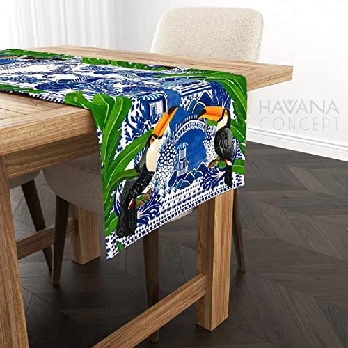 Toucan Birds And Azulejo Tiles Table Runner, Portuguese Mosaic Tiles, Macau Farm Birds, Stain Resistant Home And Bistro Decor Table Linens (16 X 138) #TOP1