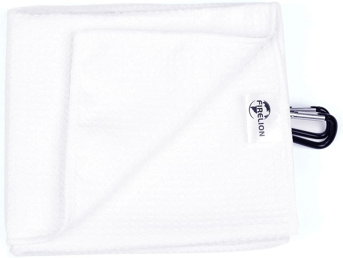 review FIRELION 2 Pack Tri-fold Golf Towel Set, Microfiber Waffle Pattern Brush Tool Kit with Carabiner Clip, White