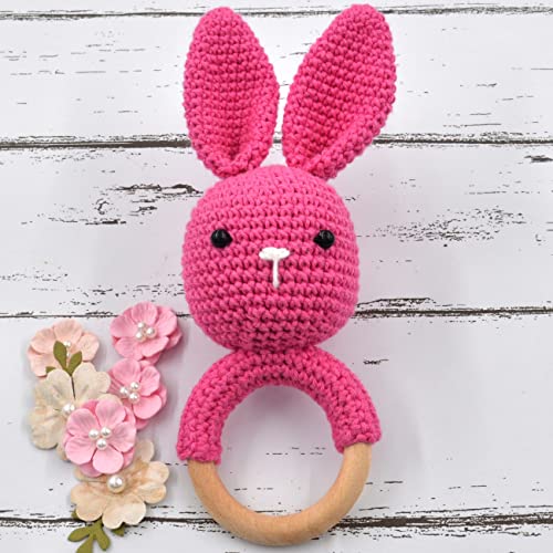 Image of Love Crochet Art Animal Shape Crochet Rattle Cum Soft Toy for Infant, Kids & Babies, Early Age Gift Toys (Bunny Rabbit - Pink)