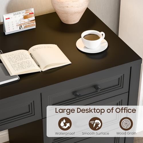 Image of Vabches Farmhouse Executive Desk with Storage and Ample File Drawer, Rustic Large Home Writing Desk for Bedroom, Pure Black