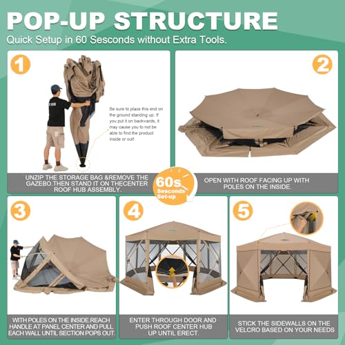 Image of COBIZI 15x15 FT Pop Up Gazebo - Canopy Tent, Large Gazebos On Clearance with Sidewalls, Screened in Gazebo,carpas para Patio,Portable Screen Tents for 12-15 Persons Outdoor Camping, Backyard, Khaki