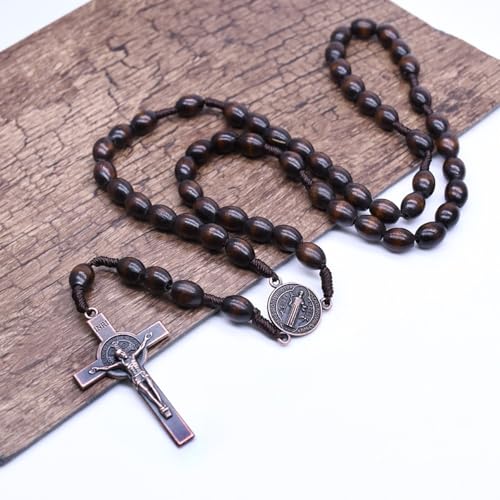 SZQCZB Wooden Rosary Beads Catholic for Men, Saint Benedict Medal and Cross - Comes in Gift Pouch and 18pcs Prayer Cards2