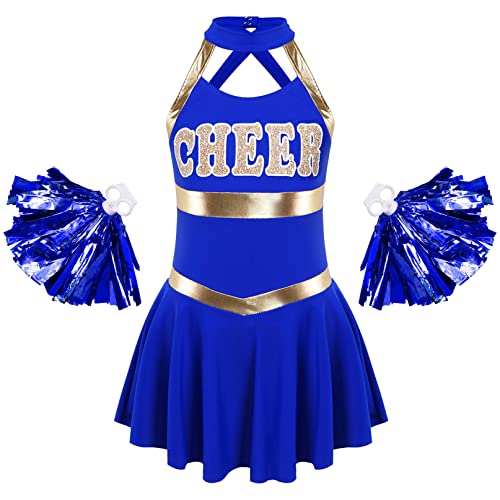 YiZYiF Enfant Fille Déguisement Pom-Pom Girl Cheerleaders Cosplay Costume Carnaval Halloween Noël Robe Ecole et Pompoms Chaussettes Tenue Soirée Fête 6-14 Ans Royal Blue F 9-10 Ans
