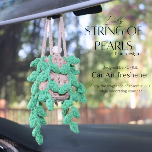 Image of ROFIGL Handmade Crochet Hanging Car Air Freshener,12ml Empty Refillable Oil Diffuser Bottle with Crochet Hanging succulents Plant for Car Rearview Mirror for Home, and Office Hanging Diffuser Decor