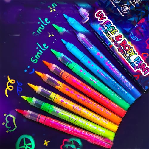 Image of UV Face & Body Paint Pens - 8 Colors Neon Fluorescent Glow Markers, Skin Safe Blacklight Reactive Body Paint for Party, Festival, Halloween, Rave, Kids & Adults (Glows Under UV Light Only)